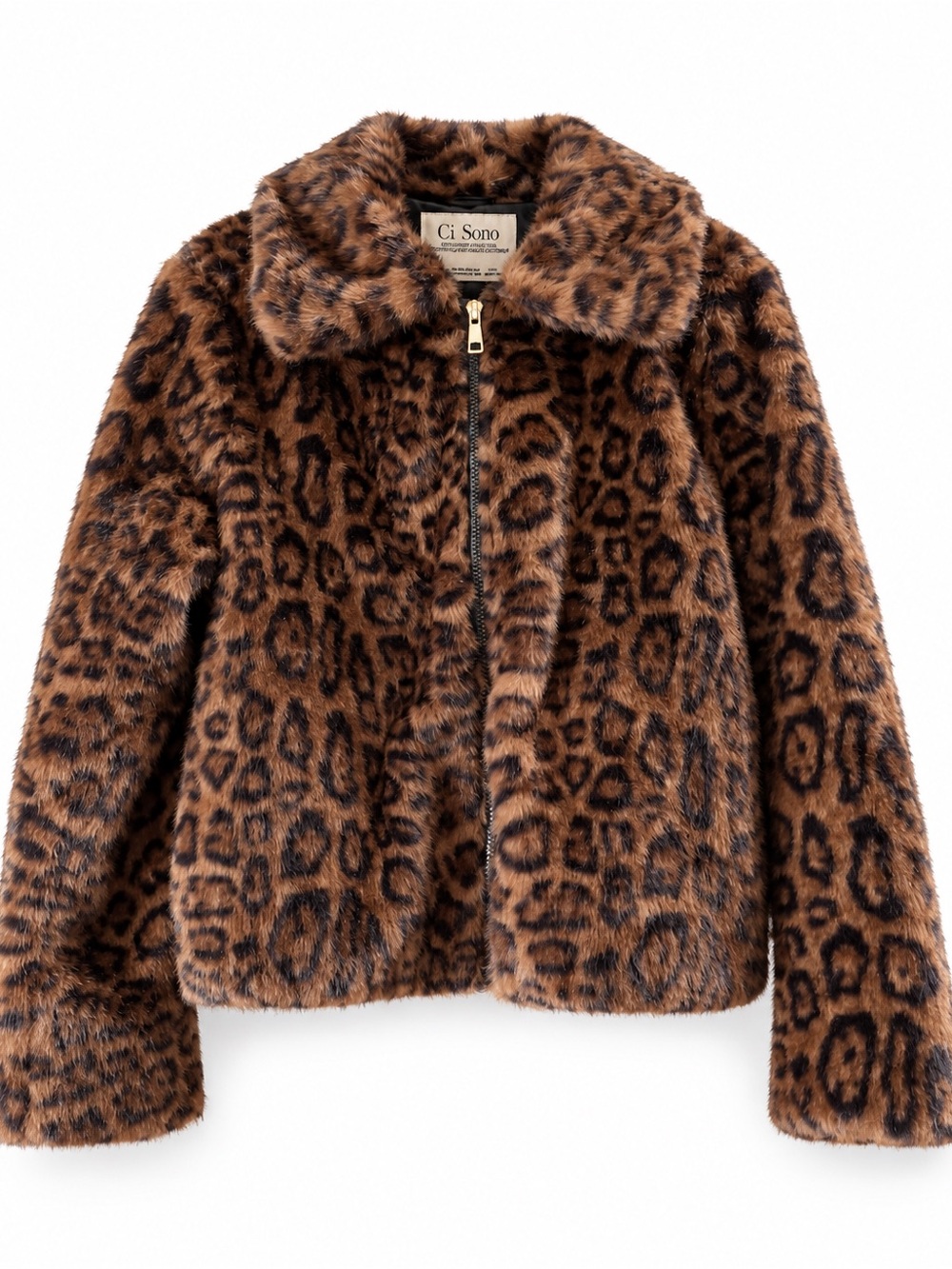Ci Sono Faux-Fur Leopard Print Pea Coat in Brown and Black